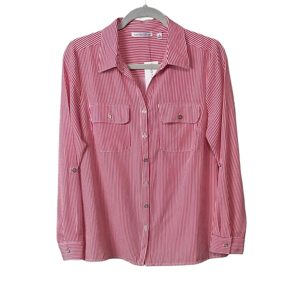 Notations Women’s Button Up Collared Red‎ White Stripe Shirt Sz S NWT - Picture 1 of 5